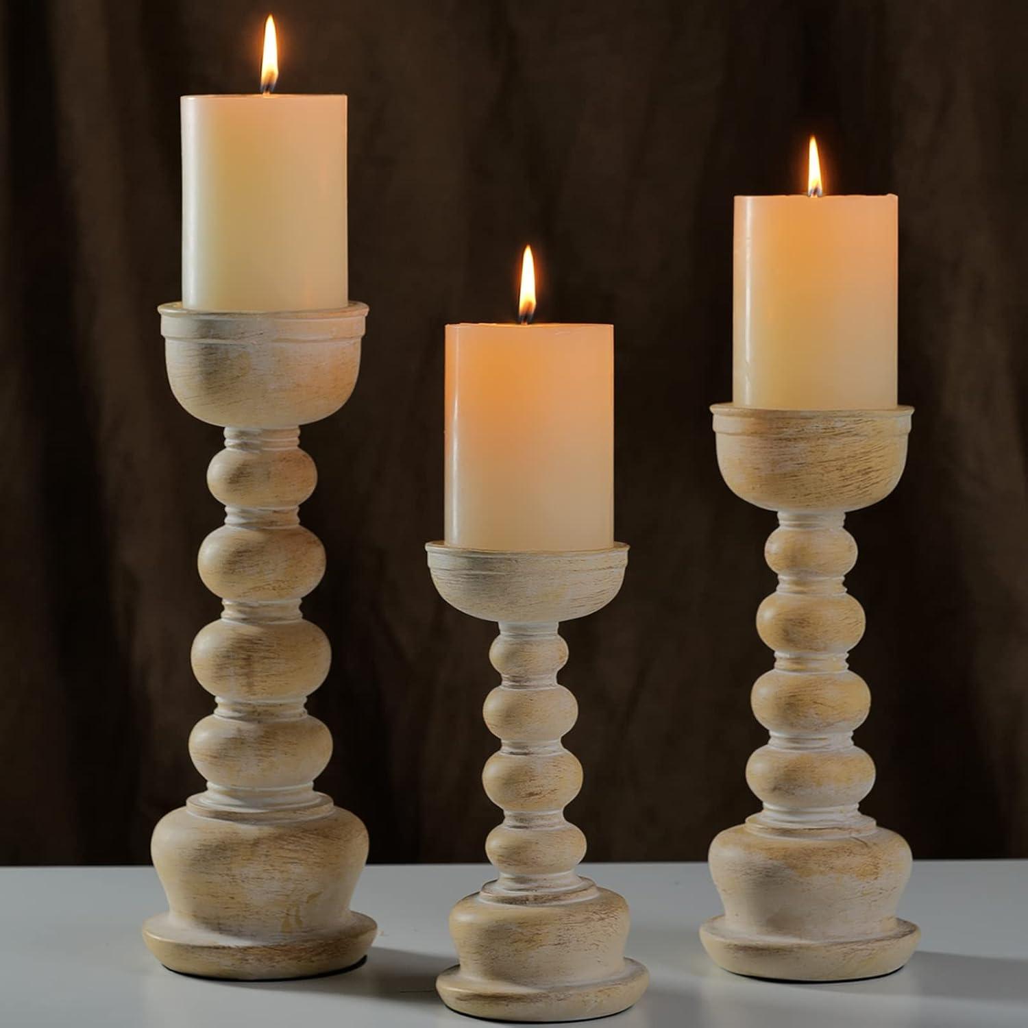 Rustic Light Wood Pillar Candle Holders Set of 3