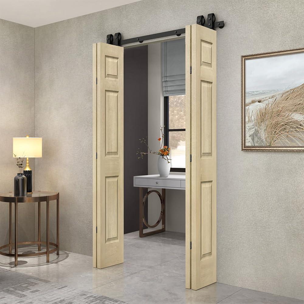 60 in. x 80 in. Vintage Cream Stained MDF Double Bi-Fold Barn Door with Black Hardware