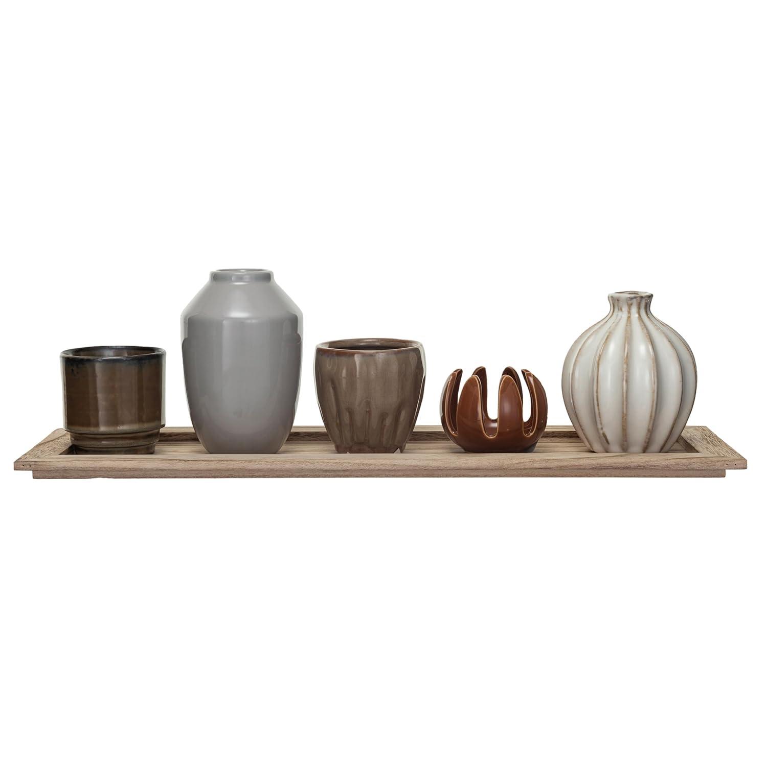 Creative Co-Op 5 Stoneware Votive Candle Holders on a Wood Tray with Reactive Glaze, Multicolor