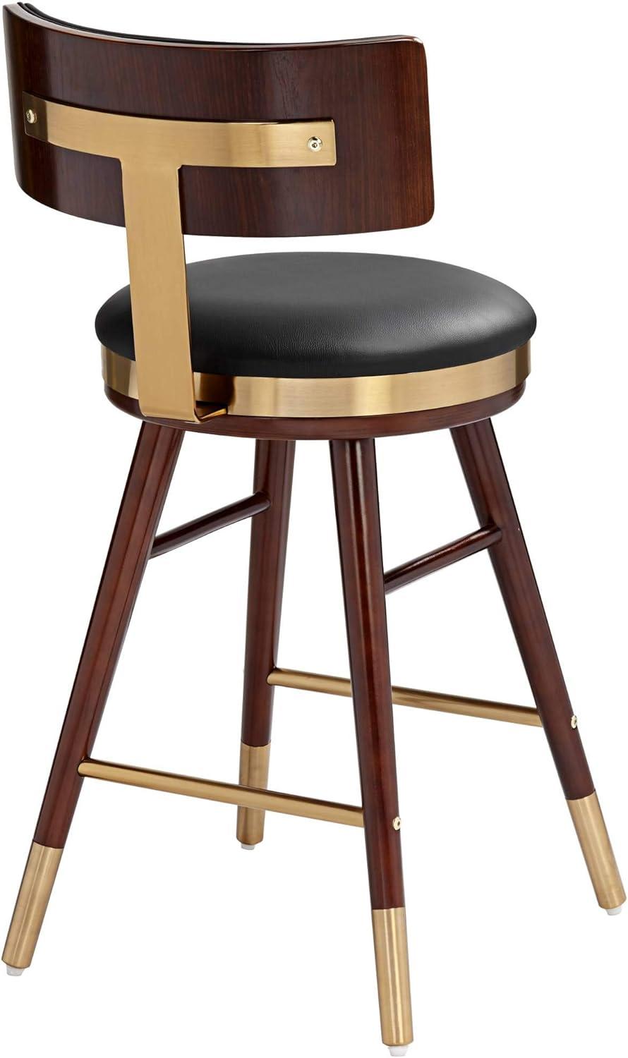 Studio 55D Walnut Bar Stool Brown 25 1/2" High Mid Century Black Leather with Backrest for Kitchen Counter Height Island