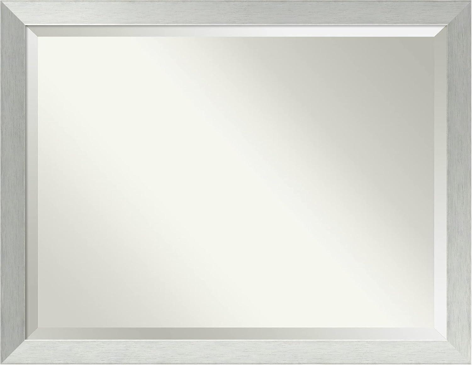 Amanti Art Beveled Wood Bathroom Wall Mirror - Brushed Sterling Silver Frame - Outer Size: 44 x 34 in