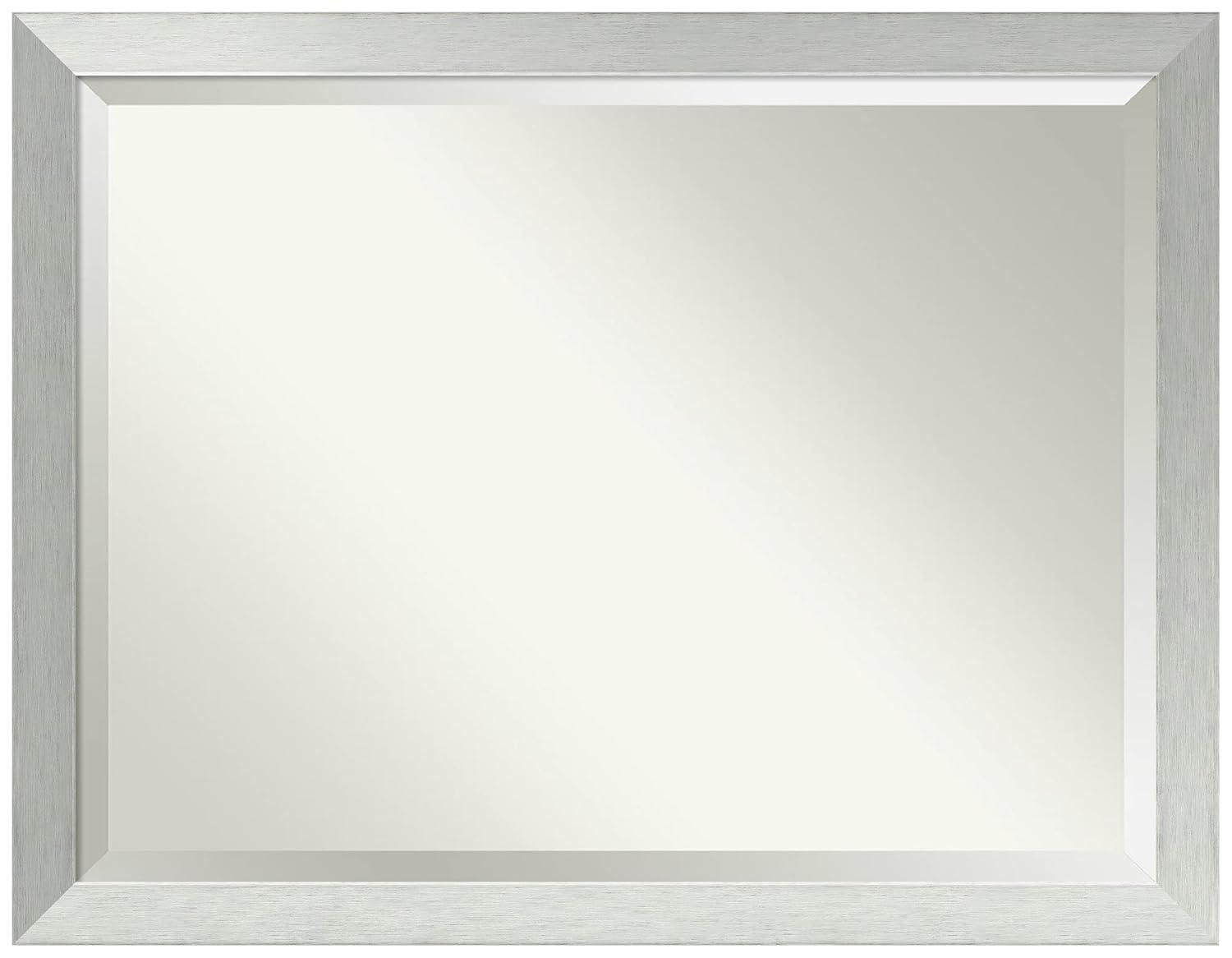 Brushed Sterling Silver Beveled Wood Bathroom Wall Mirror
