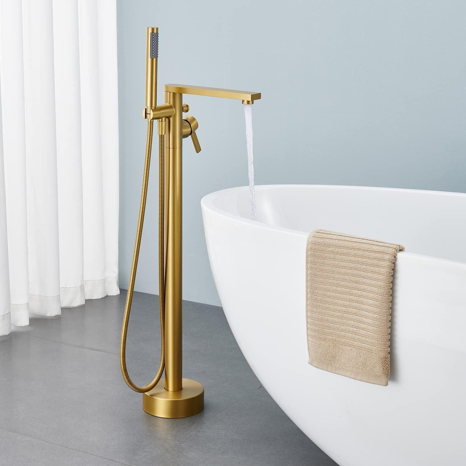 Brushed Gold Freestanding Tub Filler Faucet with Handheld Shower