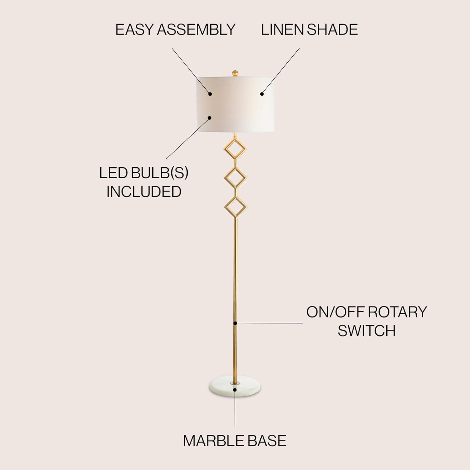 JONATHAN Y Diamante 61.5" Modern Gilt Metal with Marble Based LED Floor Lamp, Gold/White, JYL1083A