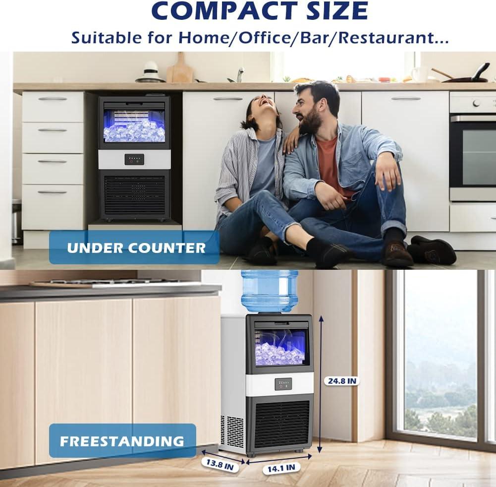 Commercial Ice Maker Machine, 70 LBS/24H Under Counter Large Ice Machine w/ 10 LBS Capacity Ice Storage Bin, 2 Water Inlet Modes, Freestanding & Built in Ice Maker for Bar/Home/Office/Shop, White