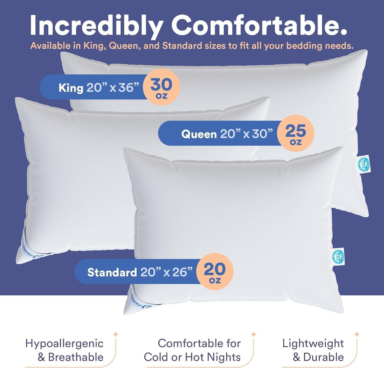 ContinentalBedding Continental Bedding 1-Pack Soft Down Pillow, 550FP, 75% Down 25% Feather, Cotton Cover, Standard, Queen, King Size