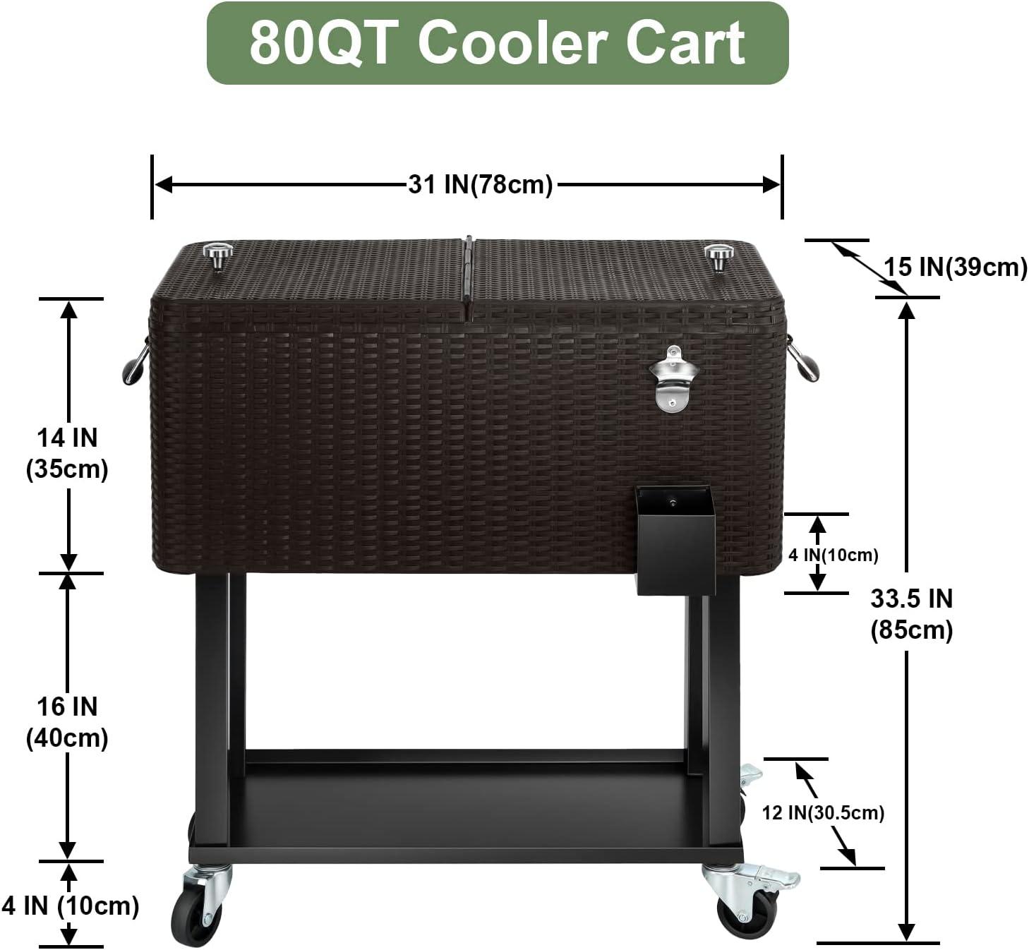 Bring Home Furniture Outdoor 80 Qt Rolling Cooler Cart, with Bottle Opener + Storage Shelf Camping Beverage Ice Chest