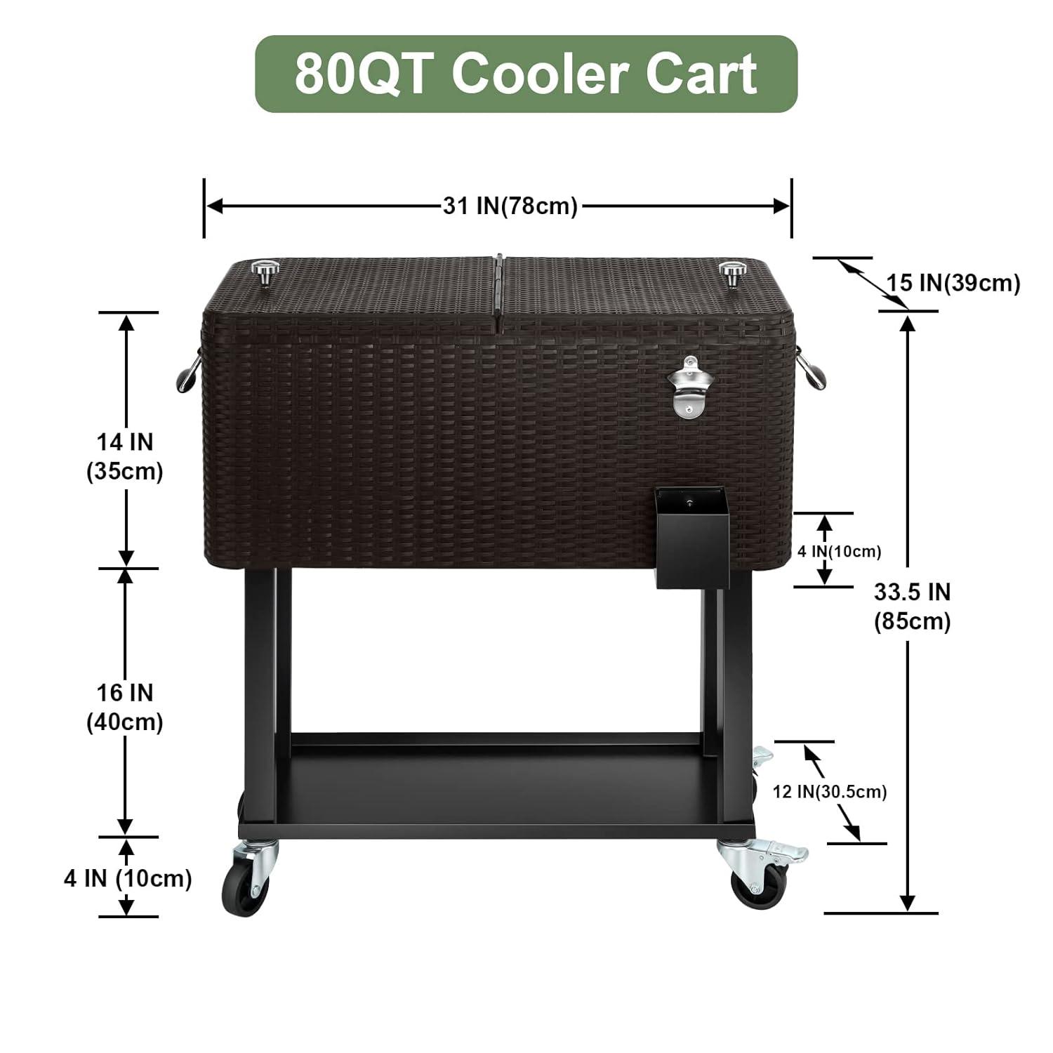 Bring Home Furniture Outdoor 80 Qt Rolling Cooler Cart, with Bottle Opener + Storage Shelf Camping Beverage Ice Chest