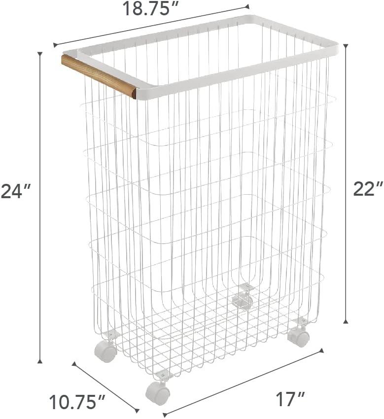 Yamazaki Home Slim Rolling Laundry Basket Hamper, Steel + Wood, 14.5 gallons, Handles, Wheels