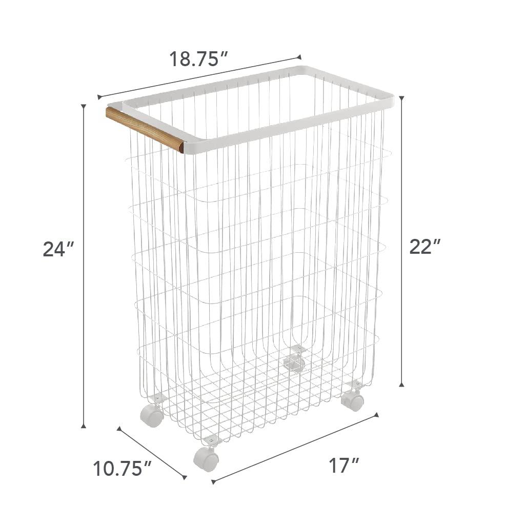Yamazaki Home Slim Rolling Laundry Basket Hamper, Steel + Wood, 14.5 gallons, Handles, Wheels