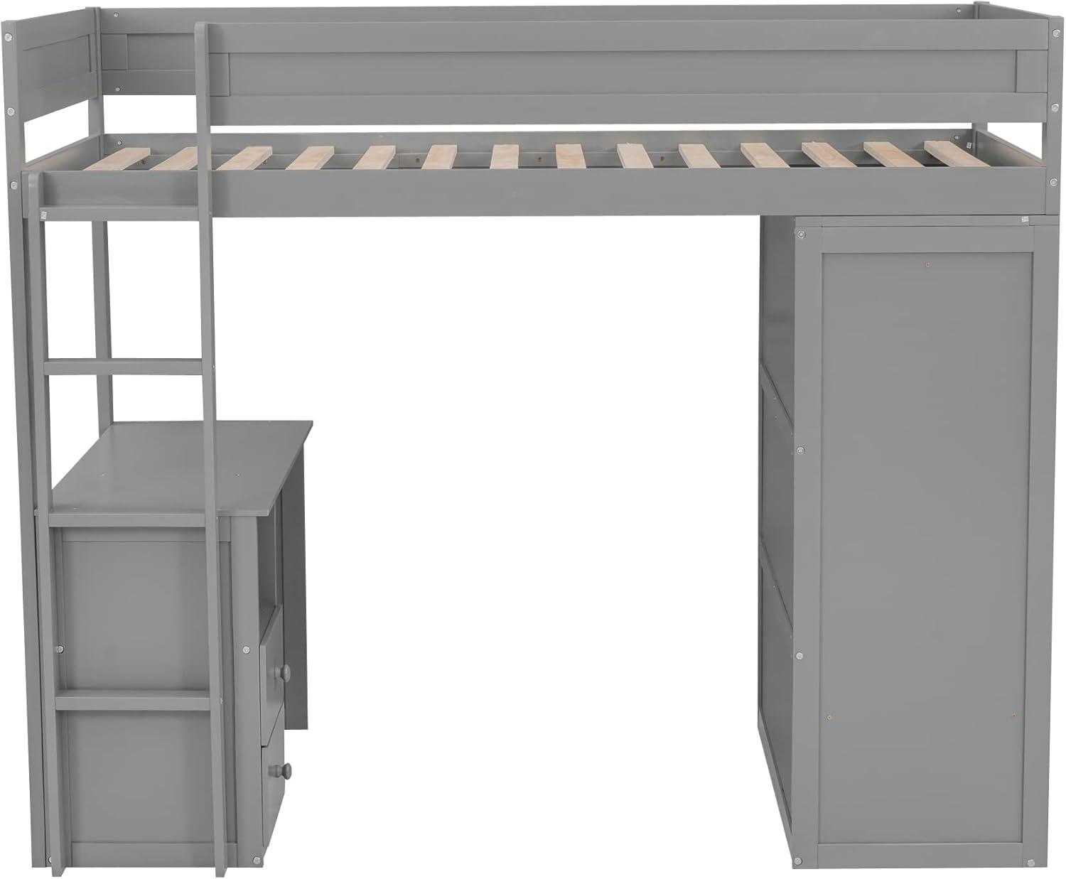 Harper & Bright Designs Twin Size Loft Bed with Wardrobes and Desk, Solid Wood Loft Bed Frame with 2 Storage Drawers Cabinet, for Kids Teens Adults (Gray)