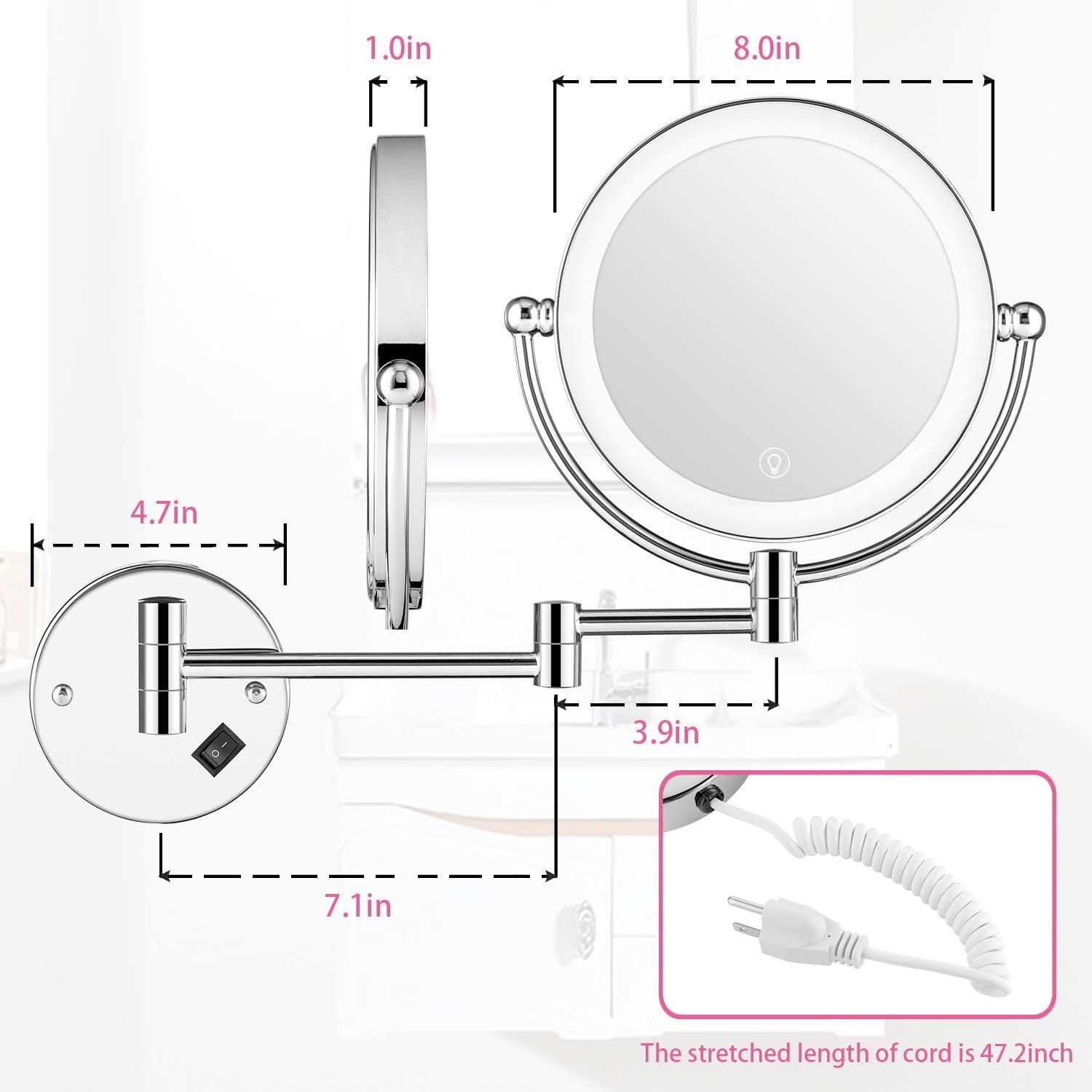 Chrome Wall Mounted LED Lighted Makeup Mirror with 5X Magnification