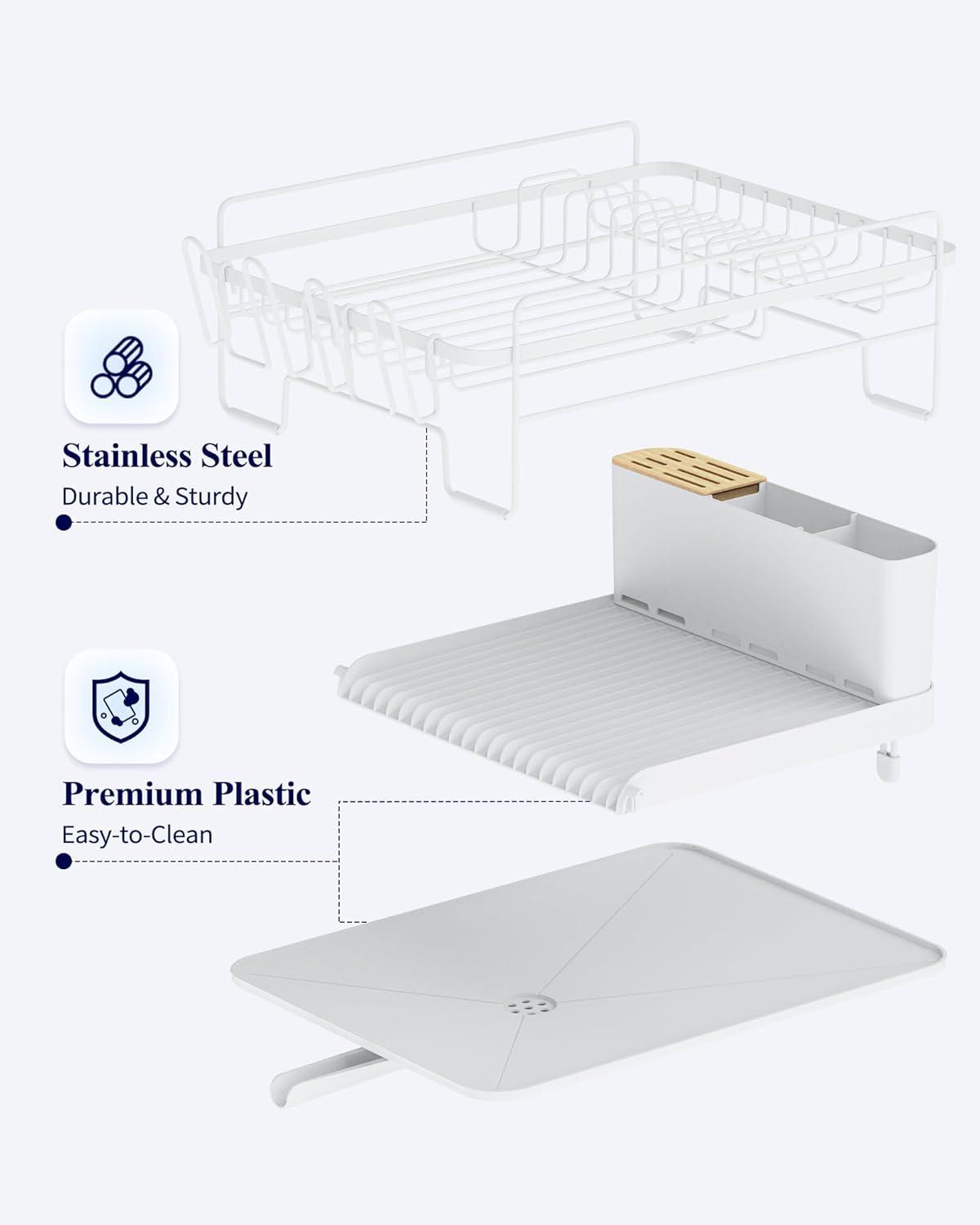 Large Dish Drying Rack - Extendable Dish Rack, Multifunctional Dish Rack for Kitchen Counter, Anti-Rust Drying Dish Rack with Cutlery & Cup Holders 19.2"-26.7" L x 12.9" W, Black