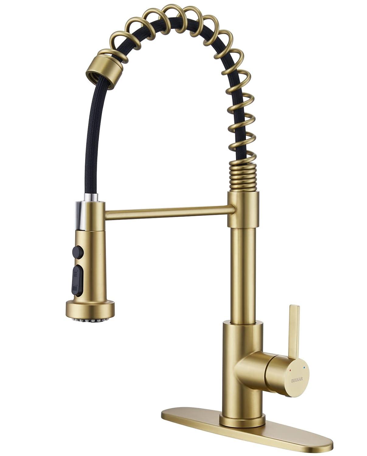 Gold Kitchen Faucet with Pull Down Sprayer, Single Handle Brushed Gold Faucet for Kitchen Sink, Commercial Farmhouse Kitchen Faucet with Deck Plate