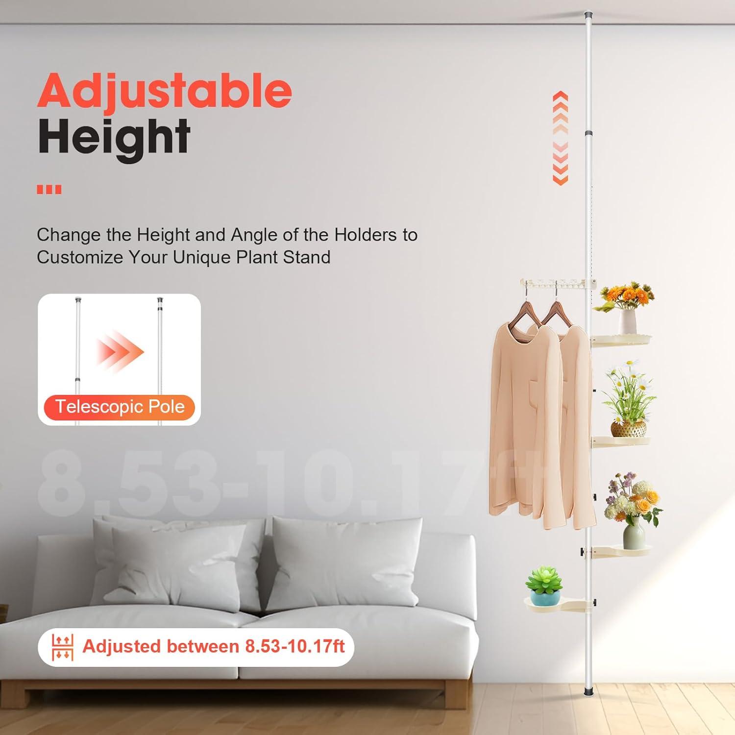 Adjustable Height 7 Layer Indoor Plant Stand, Spring Tension Pole Metal Free Stand Steel Tube Flower Display Rack, Space Saver Corner Floral Pot Hanger Shelf