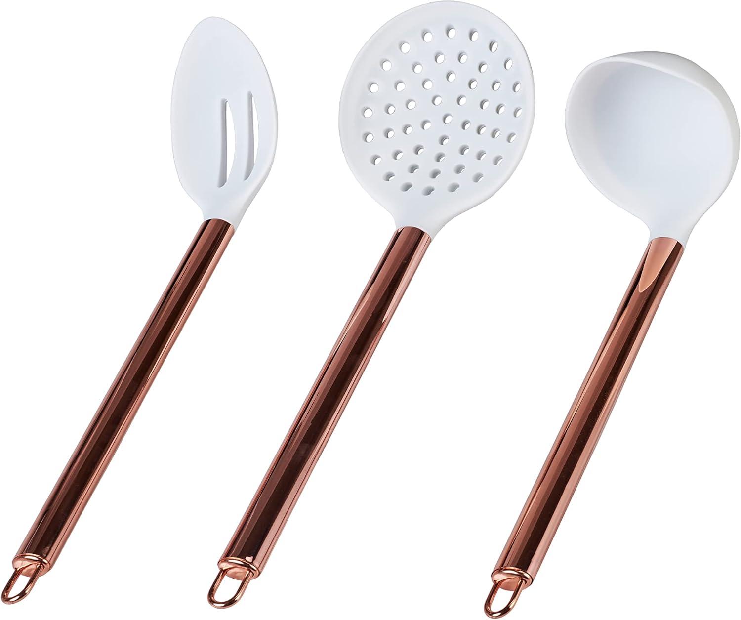 Servappetit Ceramic Rose 8PC Utensil Set w/Crock, Copper & Nylon, White & Rose Color C48