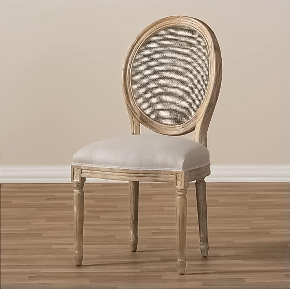 2xhome - French Chic Vintage Style Dining Side Chair With Upholstered Linen Welted Fabric And Elegant Natural Rustic Wood Frame - Rattan Wicker Oval Back, Set of 1, 1 piece
