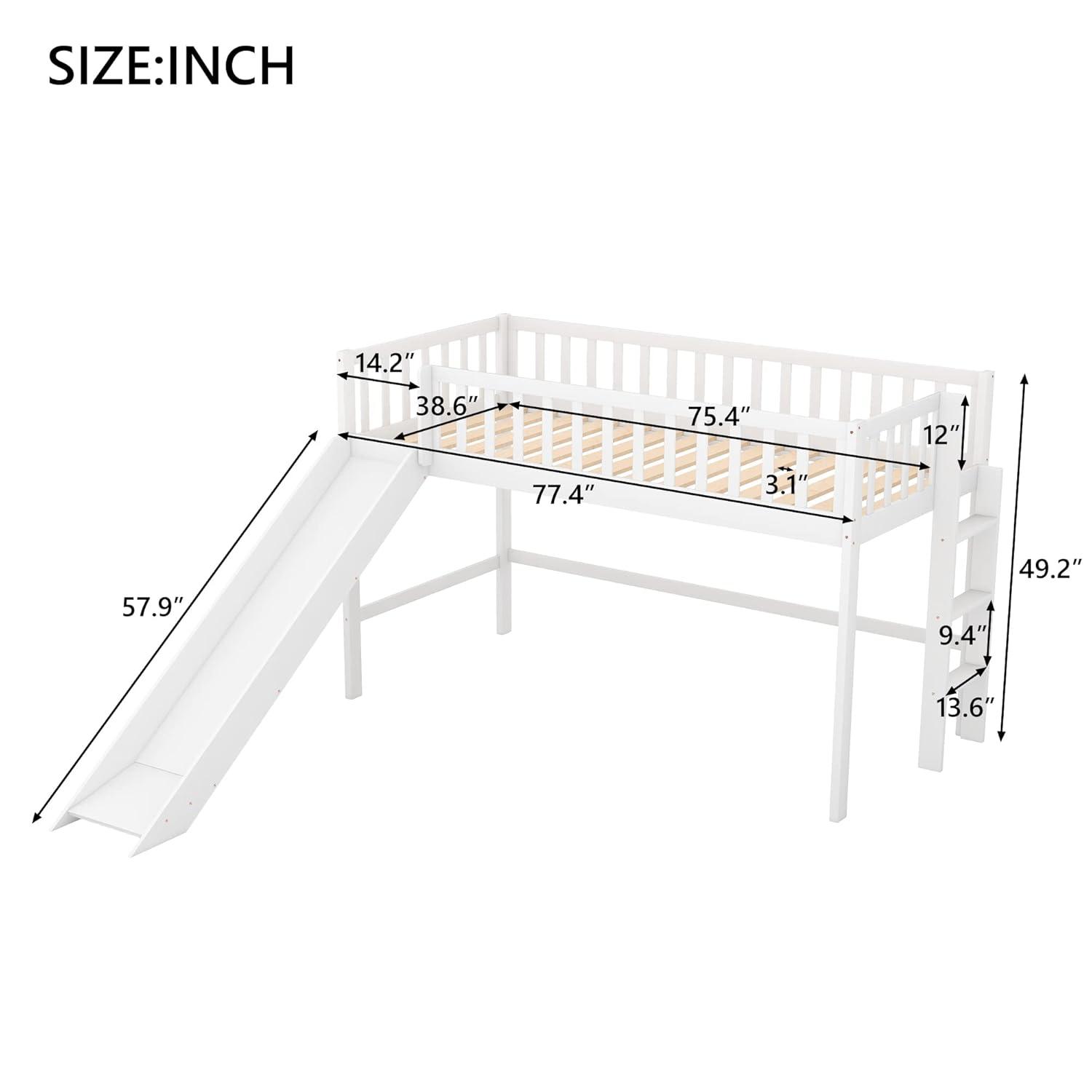 Twin Loft Bed with Slide,Wood Loft Bed Low Profile for Boys Girls, Built-in Ladder and Guard Rail,No Box Spring Needed