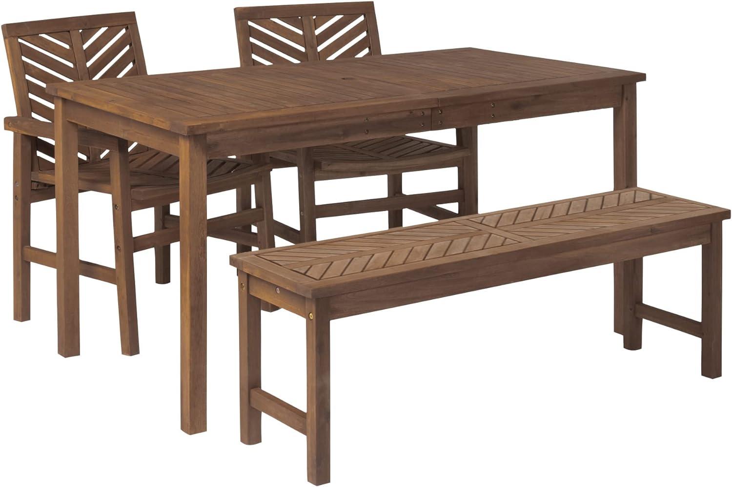 Dark Brown Acacia Wood Chevron Outdoor Dining Set with Bench and Chairs