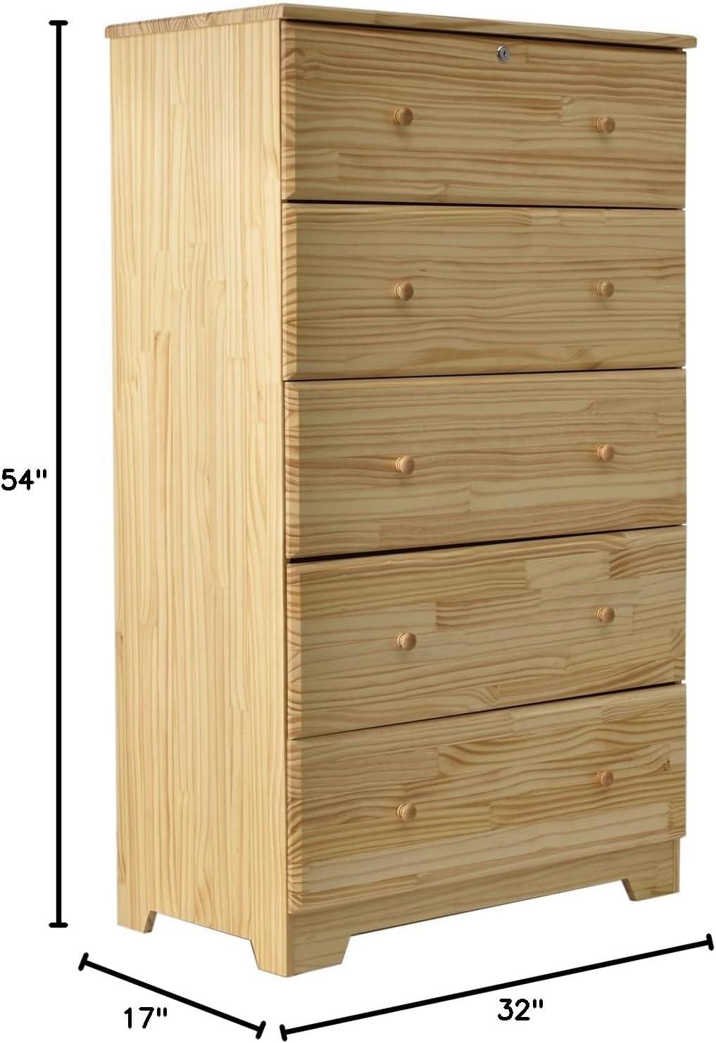 Home Furniture Isabela Solid Pine Wood 5 Drawer Chest Dresser - Natural