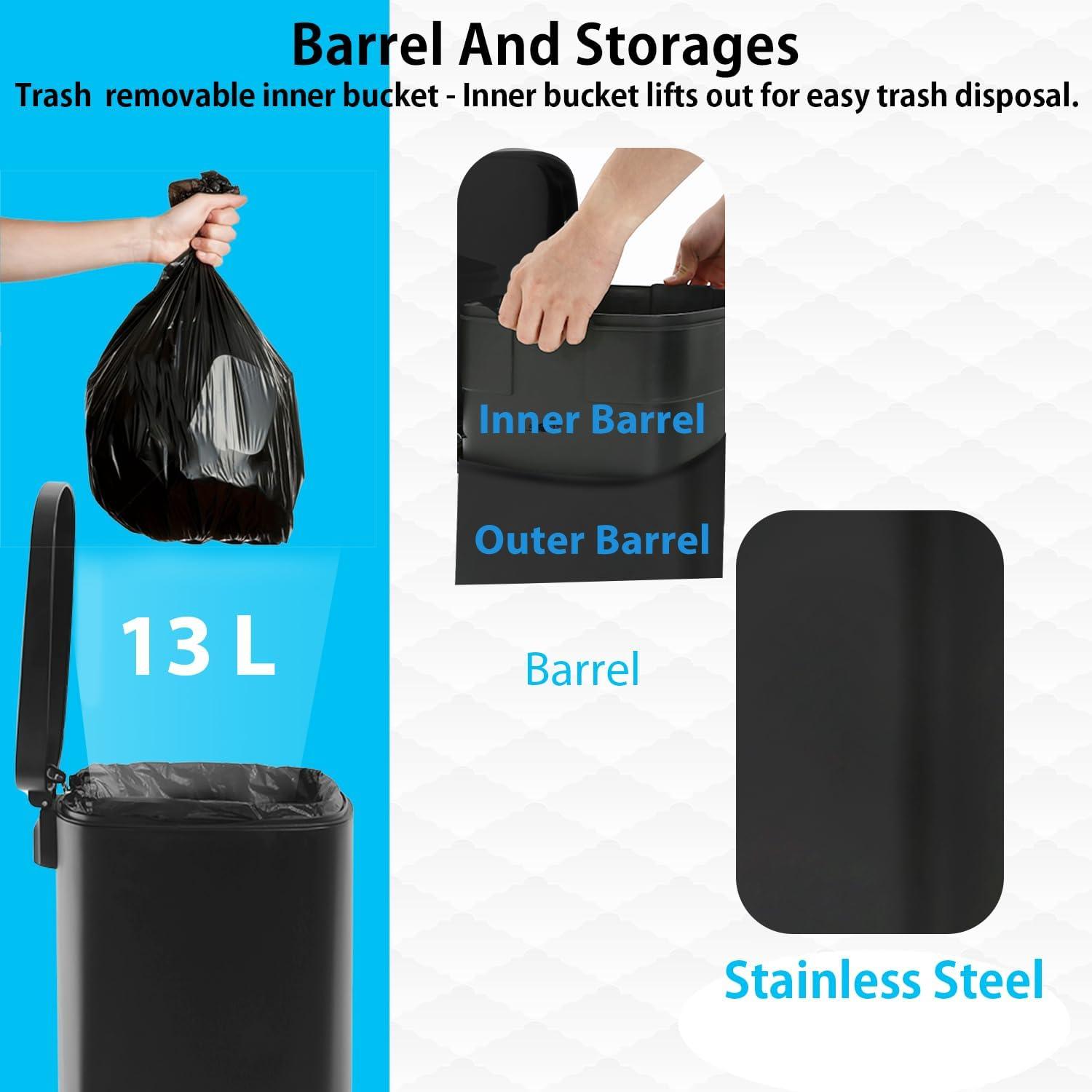 CL.HPAHKL 13 Gallon (50L)Trash Can ,Kitchen Trash Can, Stainless Steel with Lid, Foot Pedal and Inner Bucket, Fingerprint-Resistant Soft Close Lid Garbage Can, Pedal Rubbish Bin for Home Office