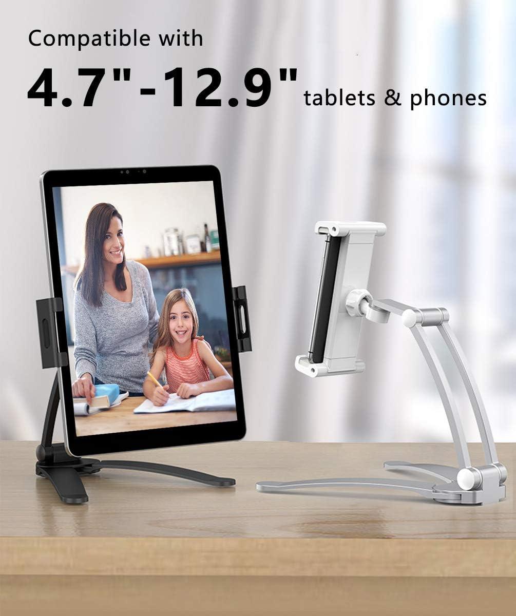 2 in 1 Kitchen Cabinet Tablet Holder, Wall Mount Desktop Stand for 12.9 Aluminum Alloy Metal Adjustable Multiangle Foldable Universal Phone Tablet Bracket Cooking Table Counter Top (Silver)