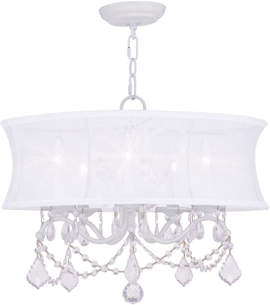 5 Light White Chandelier with Off White Silk Shimmer Shade
