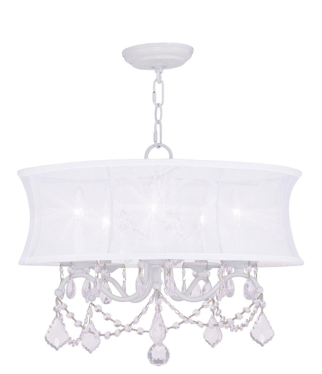 5 Light White Chandelier with Off White Silk Shimmer Shade