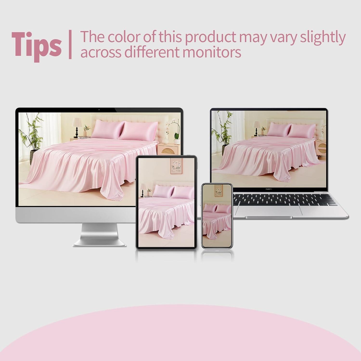 ANMINY Satin Sheets Twin Silk Sheets Bean Paste Color Bed Sheet Set Deep Pocket Bed Flat Fitted Sheet, 3-Pieces