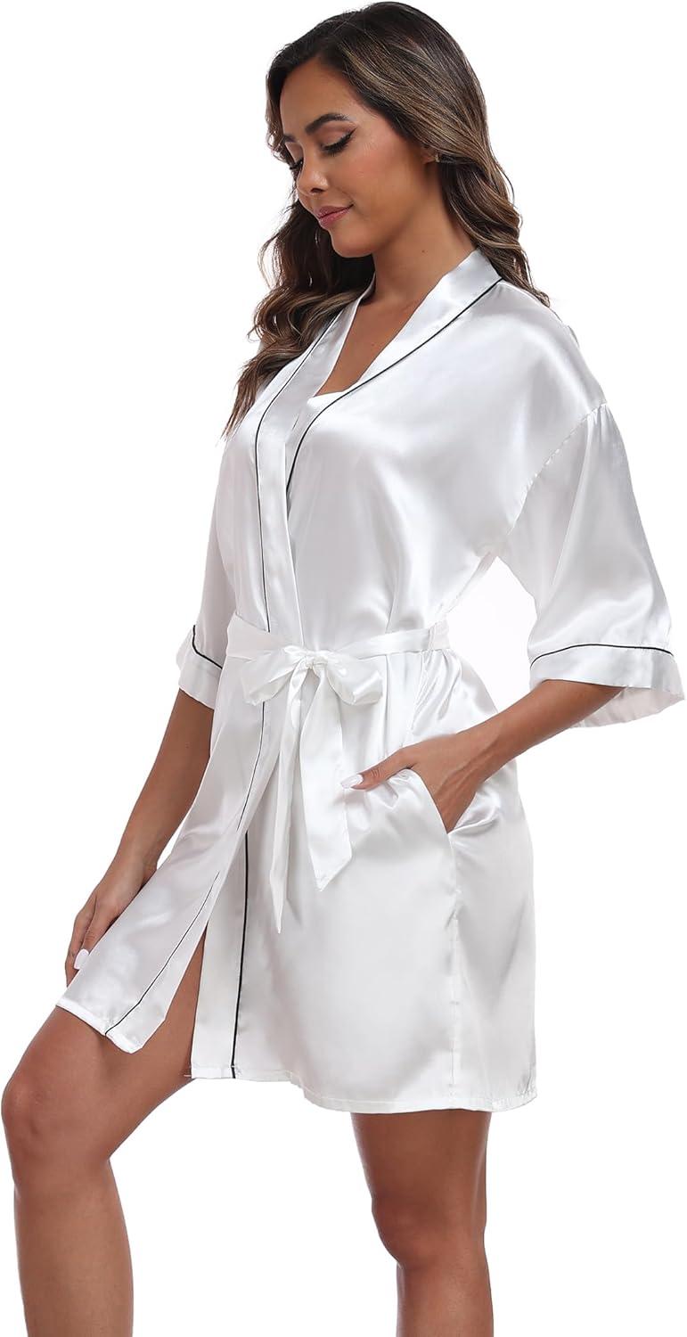 ZZwxWA Batas de Seda para Mujer con Cinturón Dama de Honor Fiesta de Boda Bata de Baño de Kimono Satinado Camisón de Media Manga Ropa de Dormir