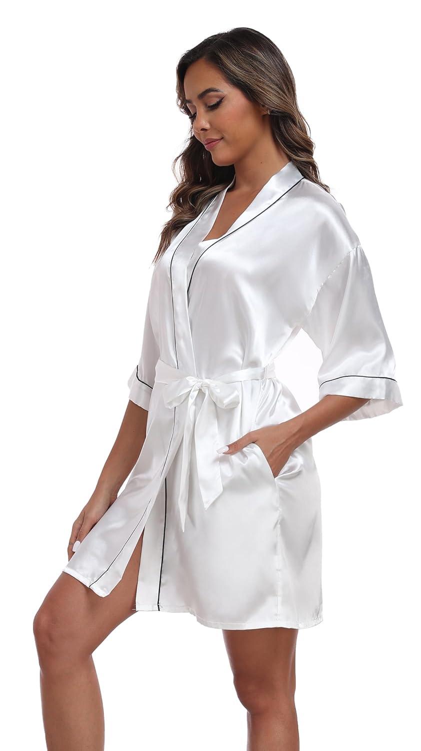 ZZwxWA Batas de Seda para Mujer con Cinturón Dama de Honor Fiesta de Boda Bata de Baño de Kimono Satinado Camisón de Media Manga Ropa de Dormir