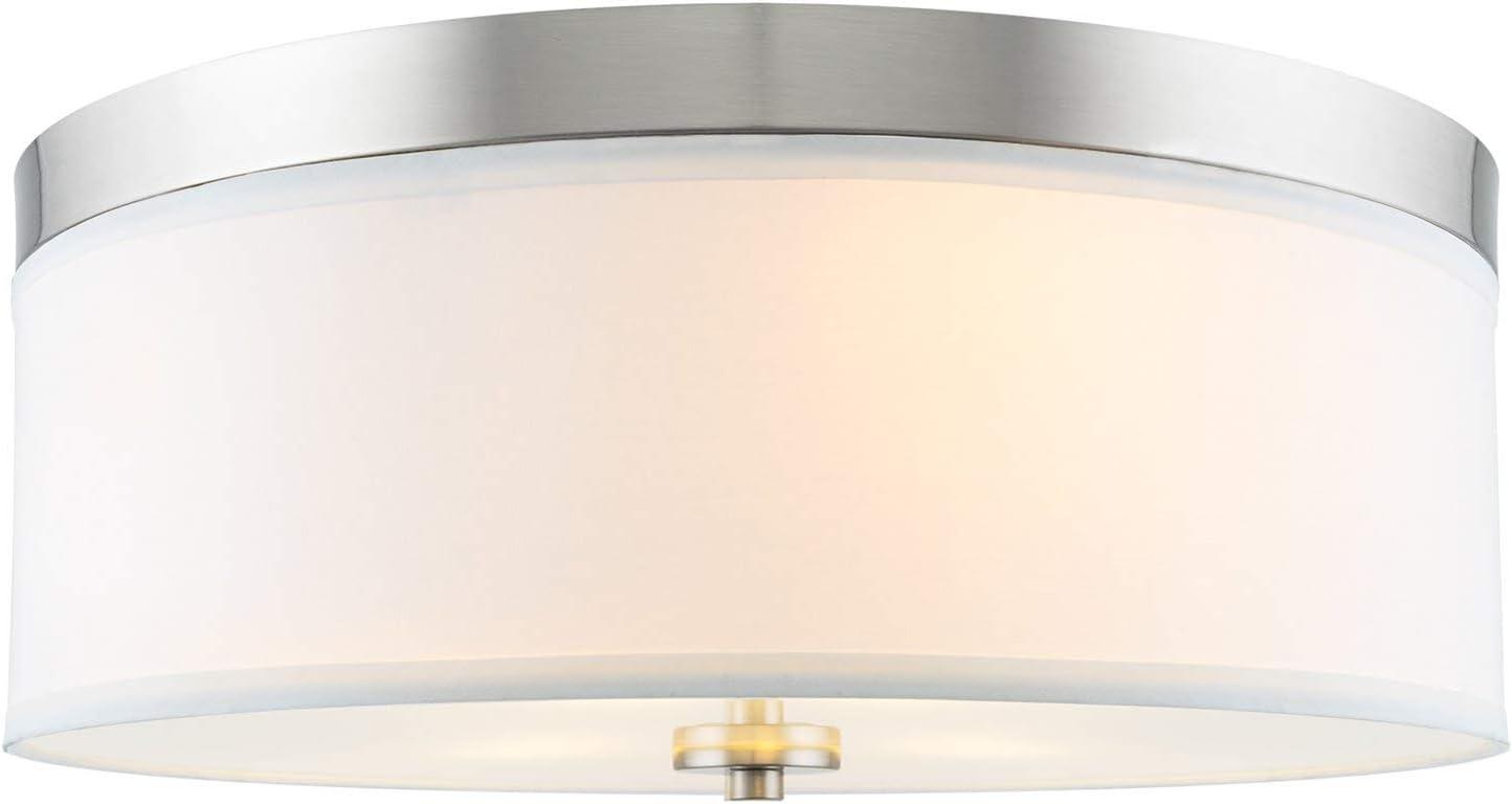 Brushed Nickel 15" Modern Drum Flush Mount with White Fabric Shade