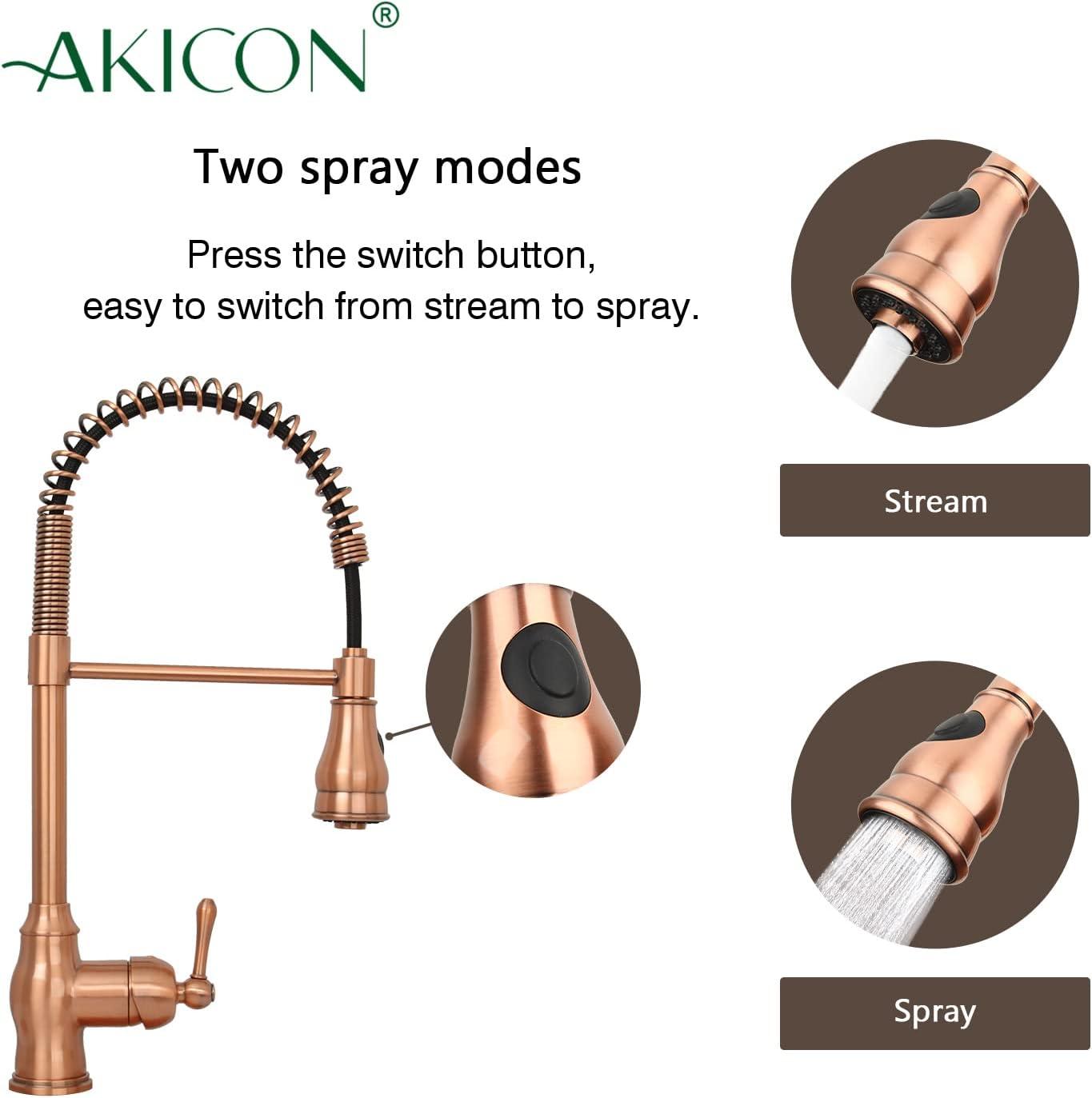 Akicon Pre-Rinse Spring Kitchen Faucet, Single Level with Pull Down Sprayer Copper Copper Finish