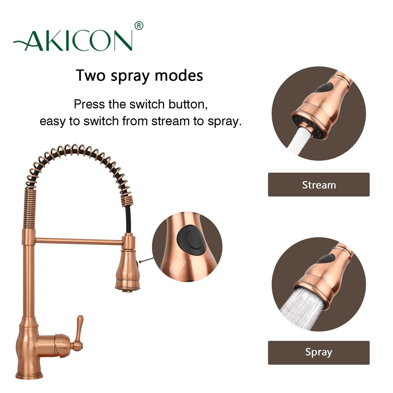 Akicon Pre-Rinse Spring Kitchen Faucet, Single Level with Pull Down Sprayer Copper Copper Finish