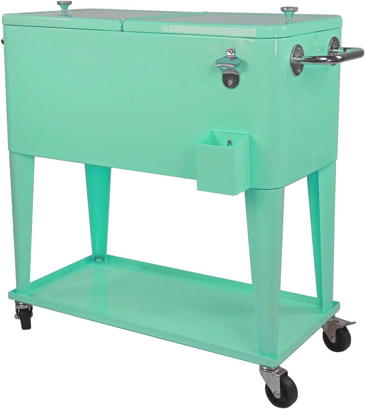 80 Qt. Retro Rolling Cooler Ice Chest Cart with Shelf & Bottle Opener - Great for Outdoors, Patios, Decks, Parties, Backyards