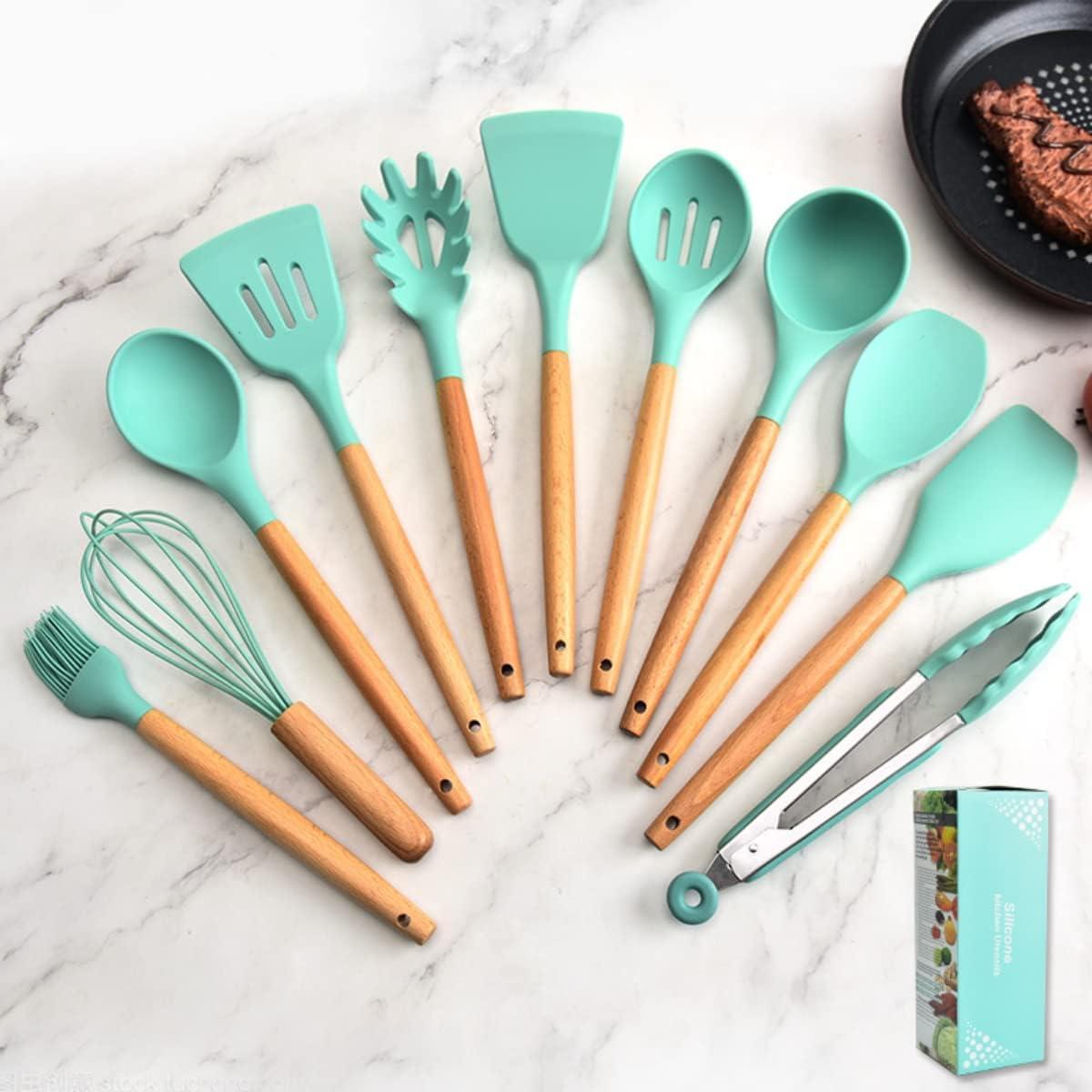 AUMIY   Cooking Utensil Set 12 Pcs Silicone Kitchen Utensils Set Silicone Spatula Set Wooden Utensil Set Silicone Utensils For Cooking