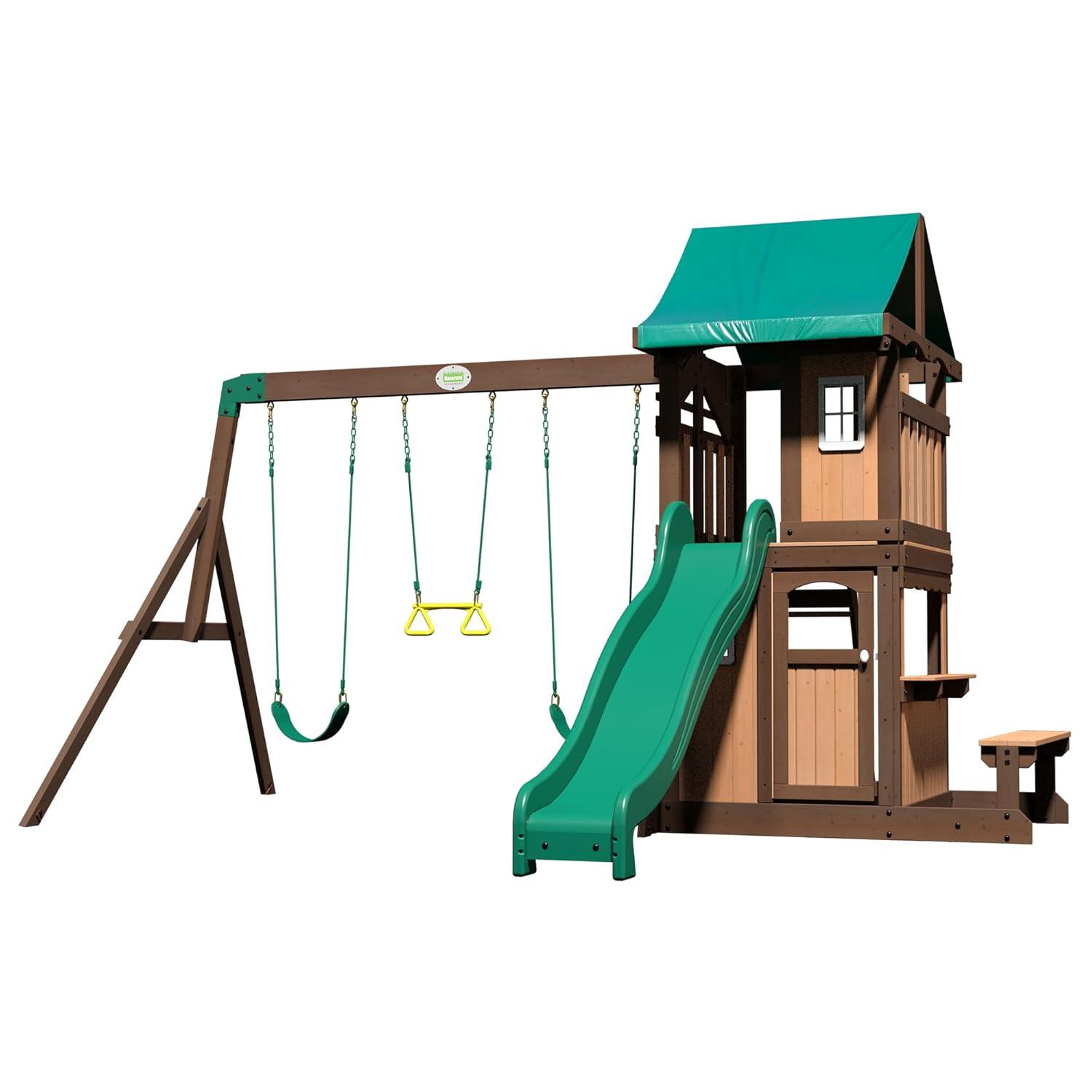 Backyard Discovery Backyard Discovery Lakewood Cedar Wood Swing Set with Wave Slide, Clubhouse, Playhouse, and Snack Bar Window