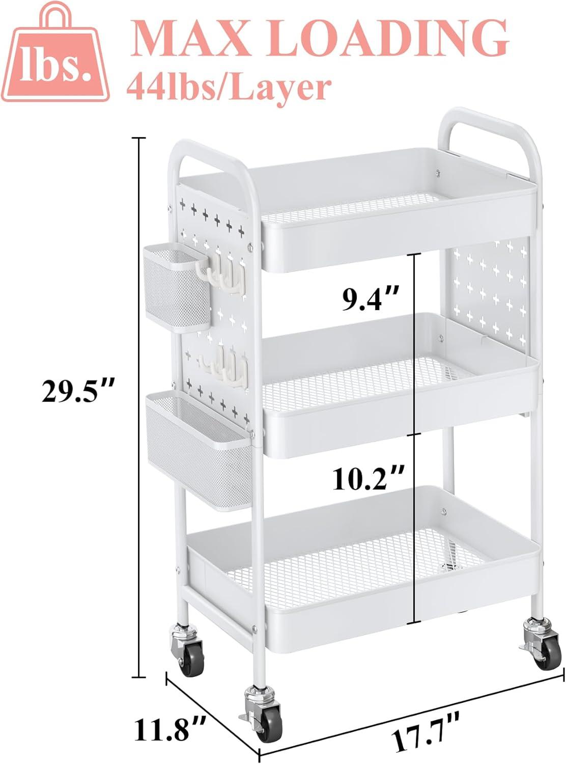 Rolling Utility 3 Tier Organizer Cart with Wheels - Metal Craft Storage Cart with DIY Dual Pegboards, Removable Baskets Hooks for Office, Home, Kitchen, Classroom (Green)