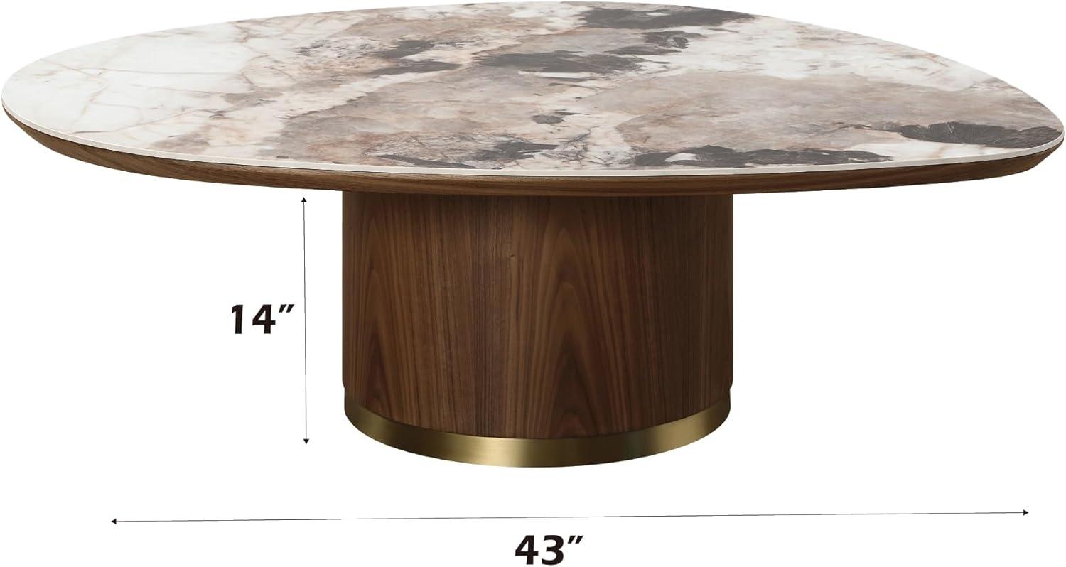 Wood Coffee Table with Ceramic Top & Walnut Finish, Irregular Shaped Coffee Table with Wooden Bases for Living Room