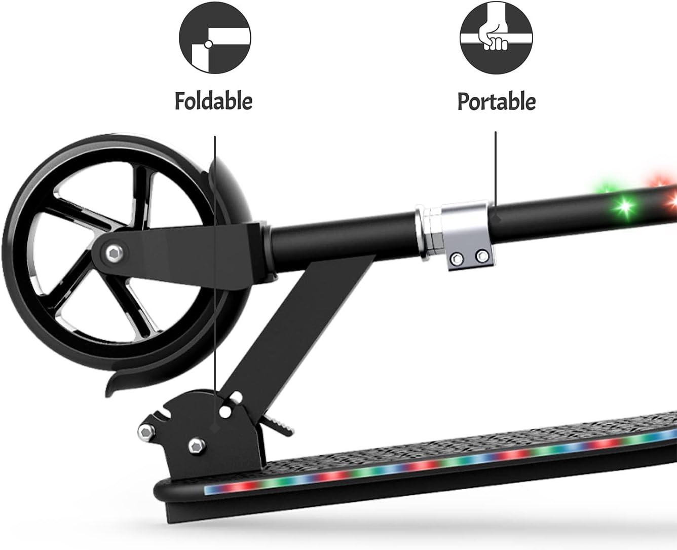 Black Adjustable LED Light-Up Kick Scooter with Wide Deck