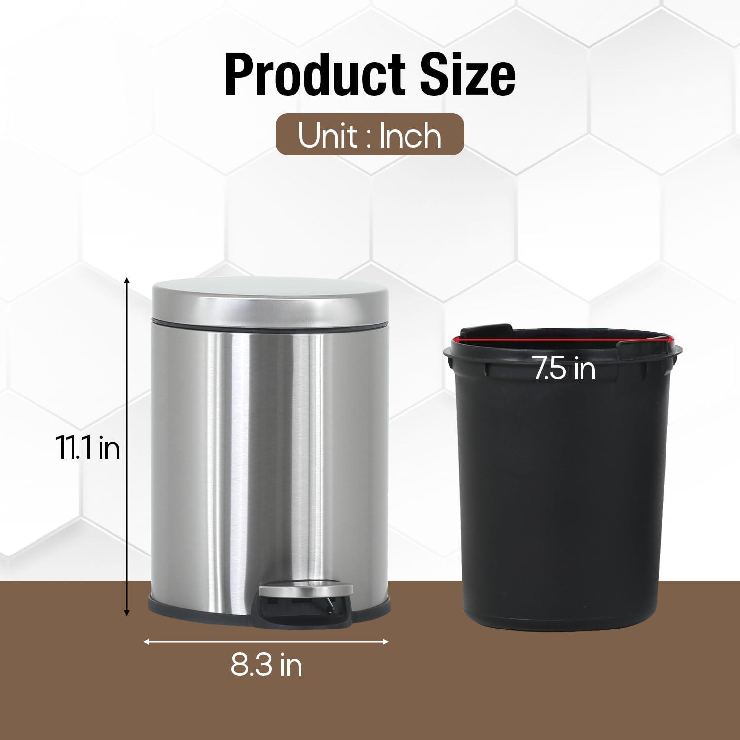 FDW Sleek Stainless Steel Pedal Trash Can 6L/1.6 Gallon Garbage Can with Removable Inner Basket Hygienic, Quiet and Durable for Home or Office