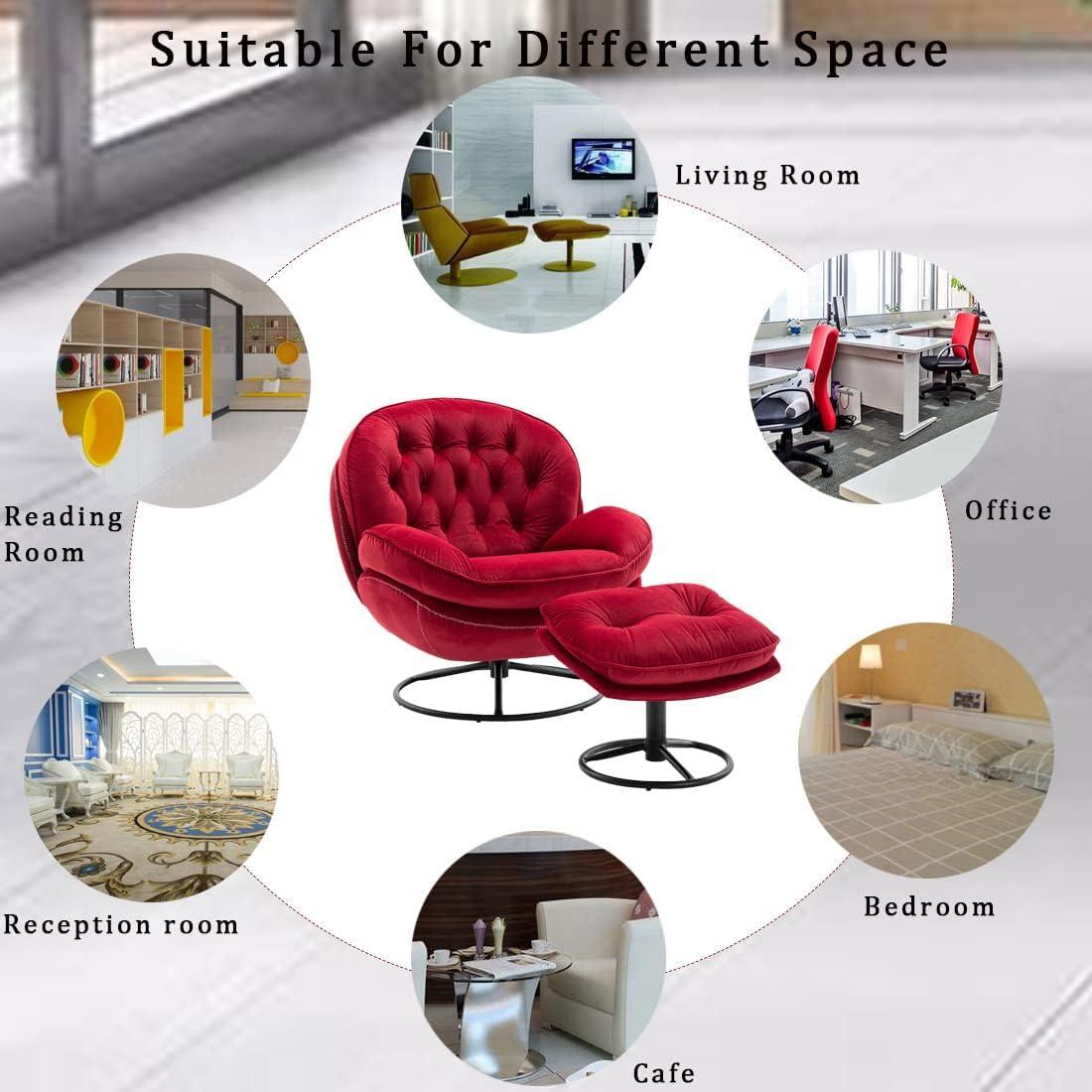Velvet Swivel Accent Chair with Ottoman Set, Modern Lounge Chair with 360 Degree Swiveling Metal Base & Footrest, Comfy Single Sofa Chair for Living Room Bedroom, Reading Room, Home Office, Dark Red
