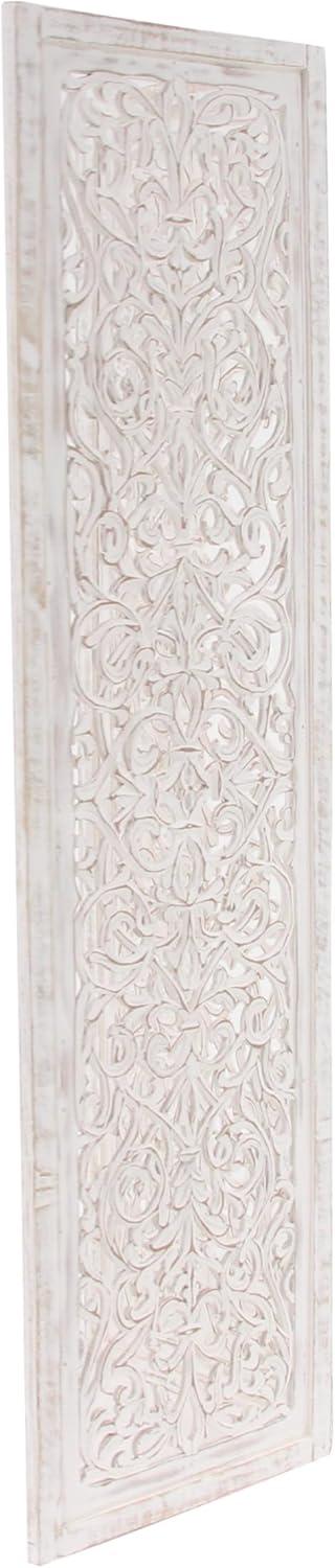 DecMode 60" x 69" White Wood Floral Handmade Hinged Foldable Partition 3 Panel Room Divider Screen with Intricate Carved Design, 1-Piece