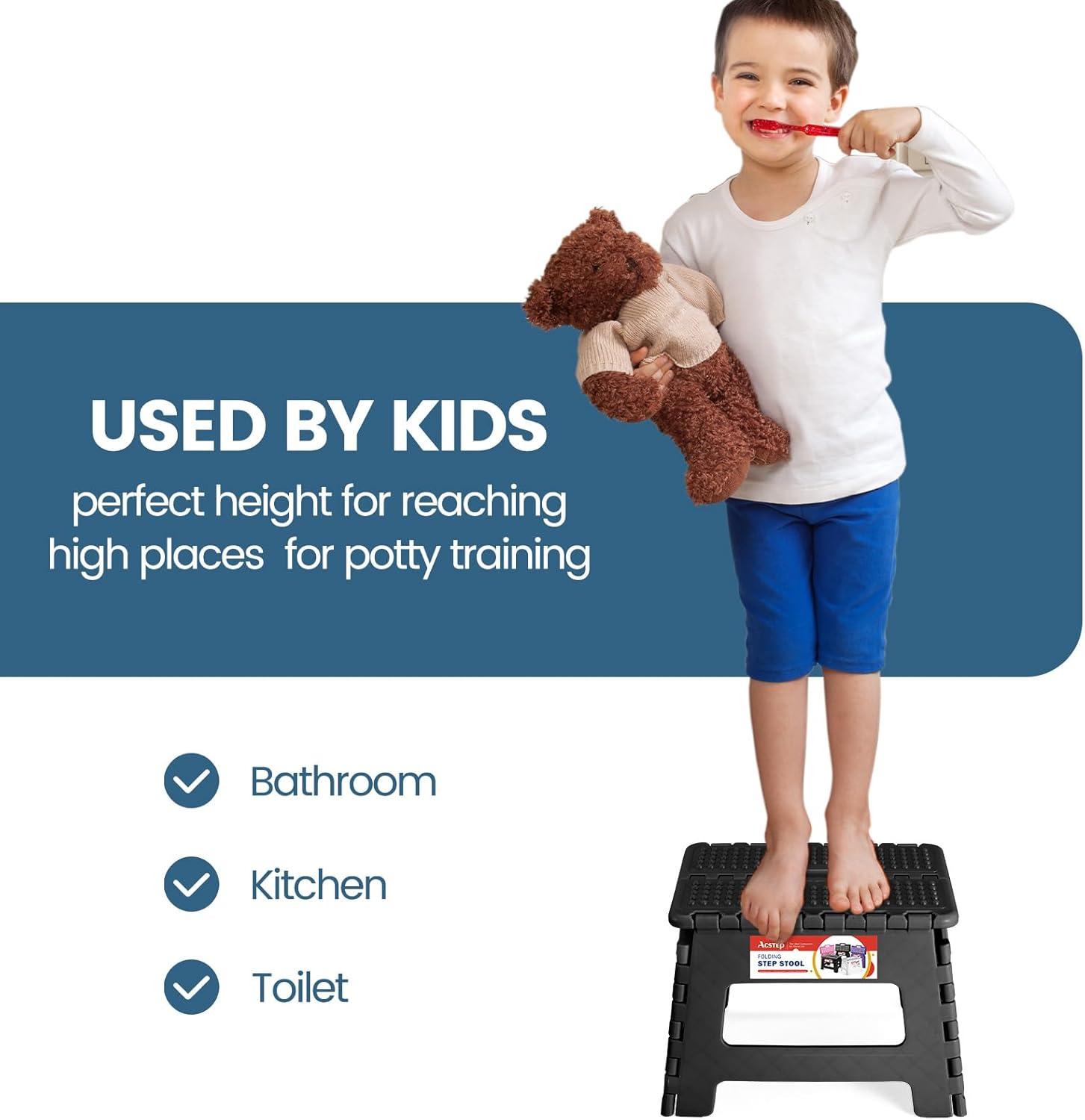 ACSTEP Folding Step Stool 9'' Tall Kids Step Stool Plastic Step Stools with Non-Slip Surface - Black