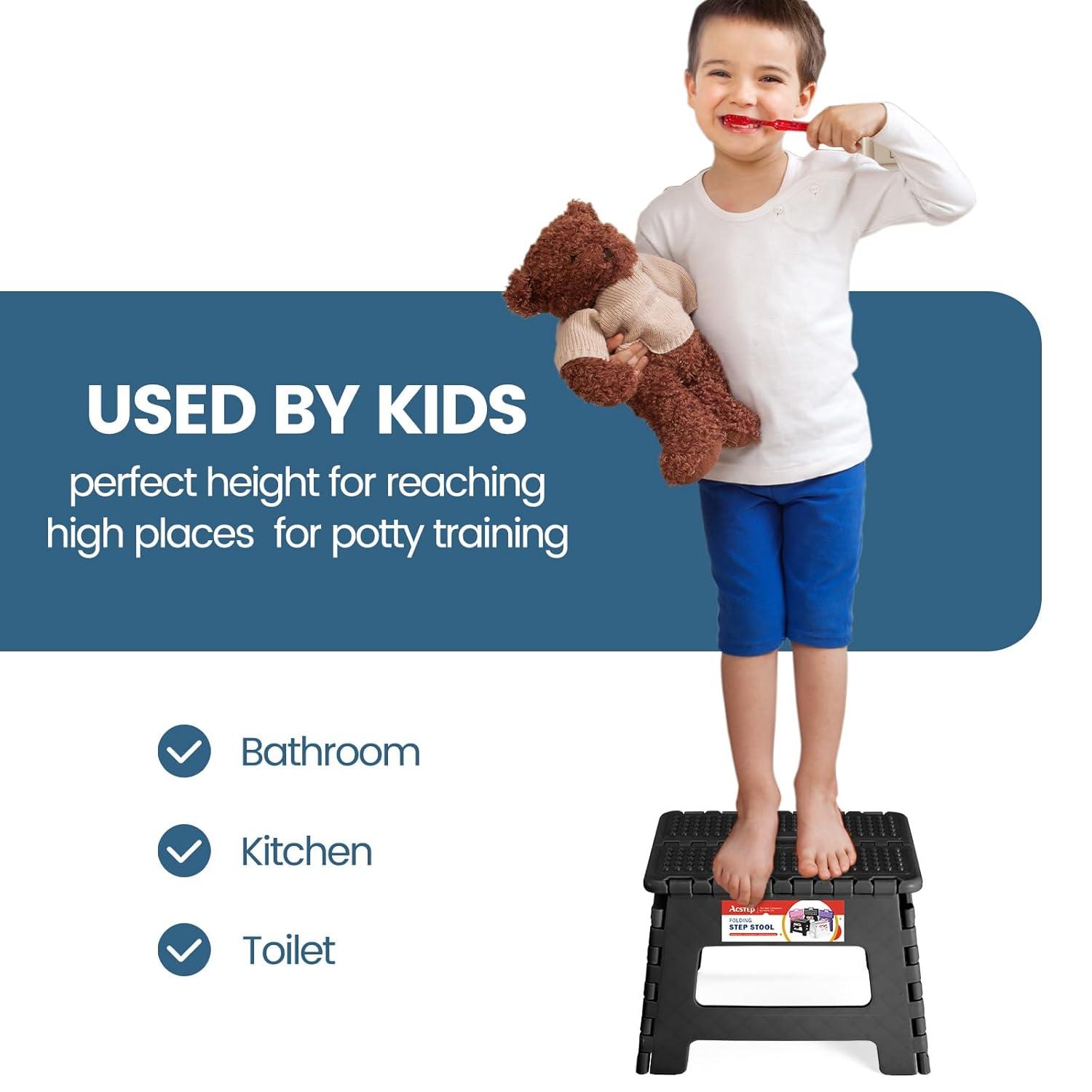 ACSTEP Folding Step Stool 9'' Tall Kids Step Stool Plastic Step Stools with Non-Slip Surface - Black