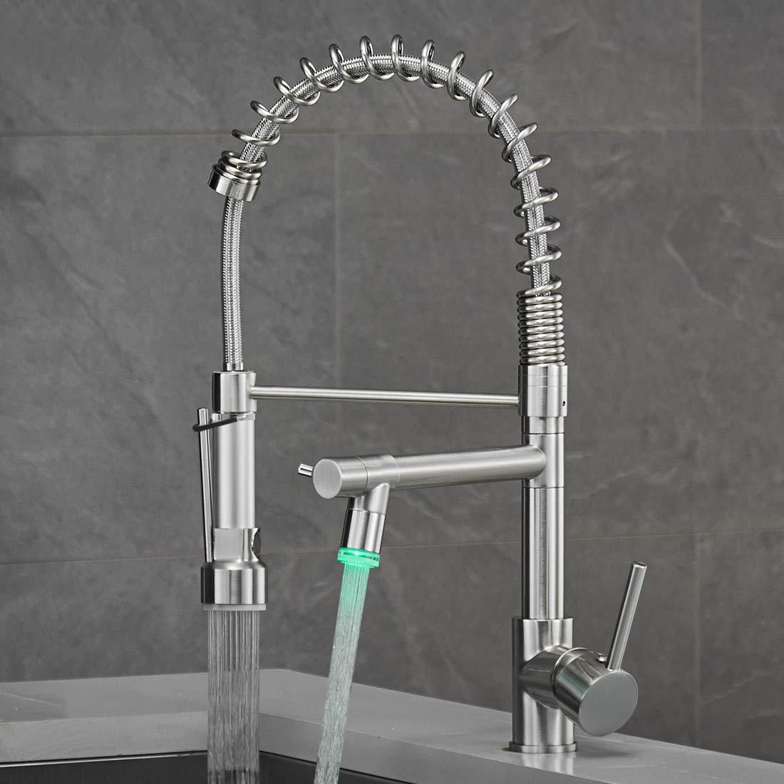 Qomolangma Commercial LED Kitchen Sink Faucet with Pull Down Sprayer, Modern Single Handle Kitchen Faucets with Light, Brushed Nickel