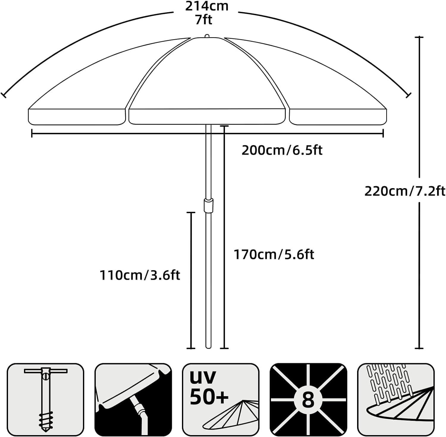 7ft Multicolor Blue Beach Umbrella with Sand Anchor and Tilt Aluminum Pole