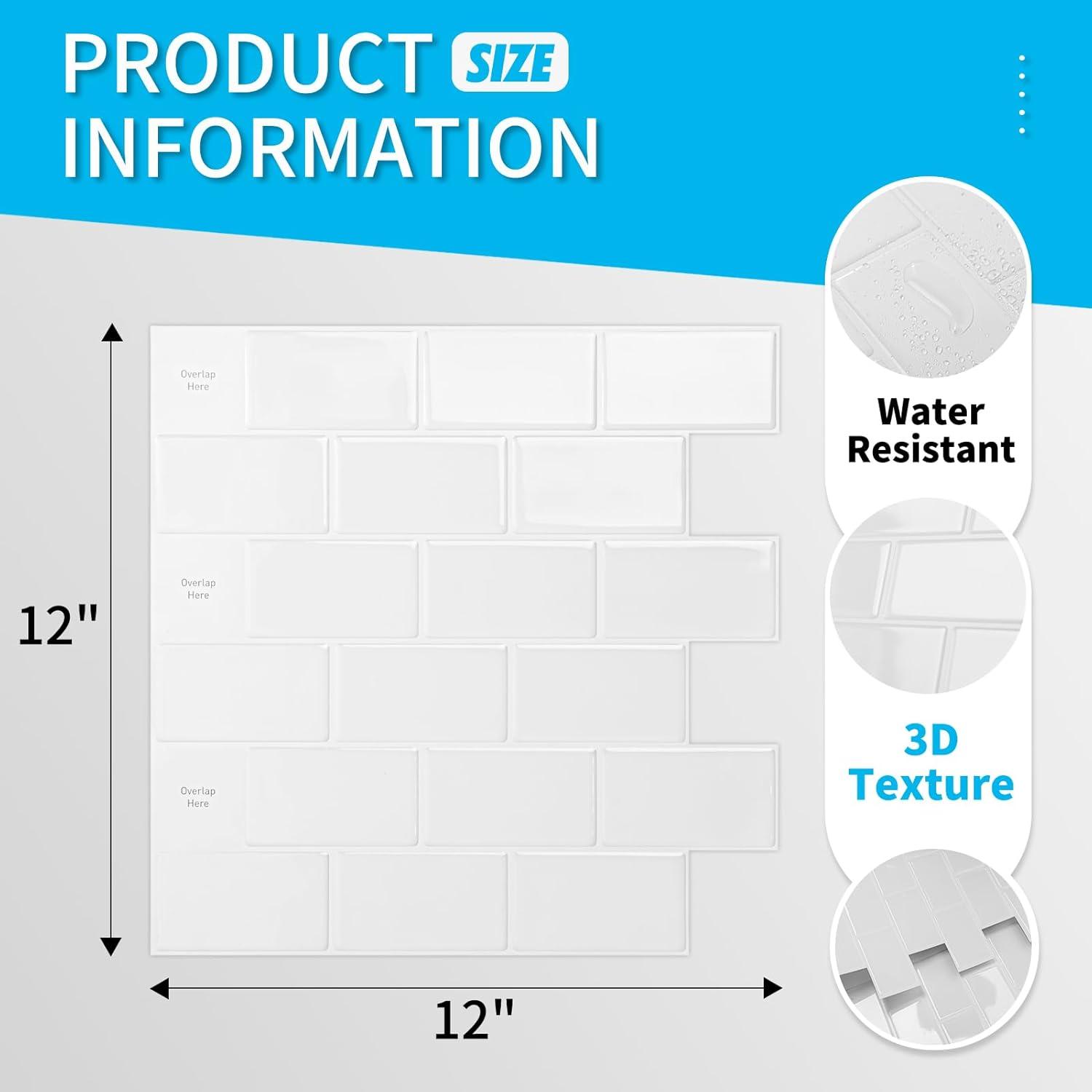 Art3d 10-Sheet Peel and Stick Backsplash Tile for Kitchen, Textured Self-Adhesive Subway Wall Tile for Kitchen Bathroom Laundry Room, Enhanced Backing Adhesion & Thicker Design - 12"x12" White