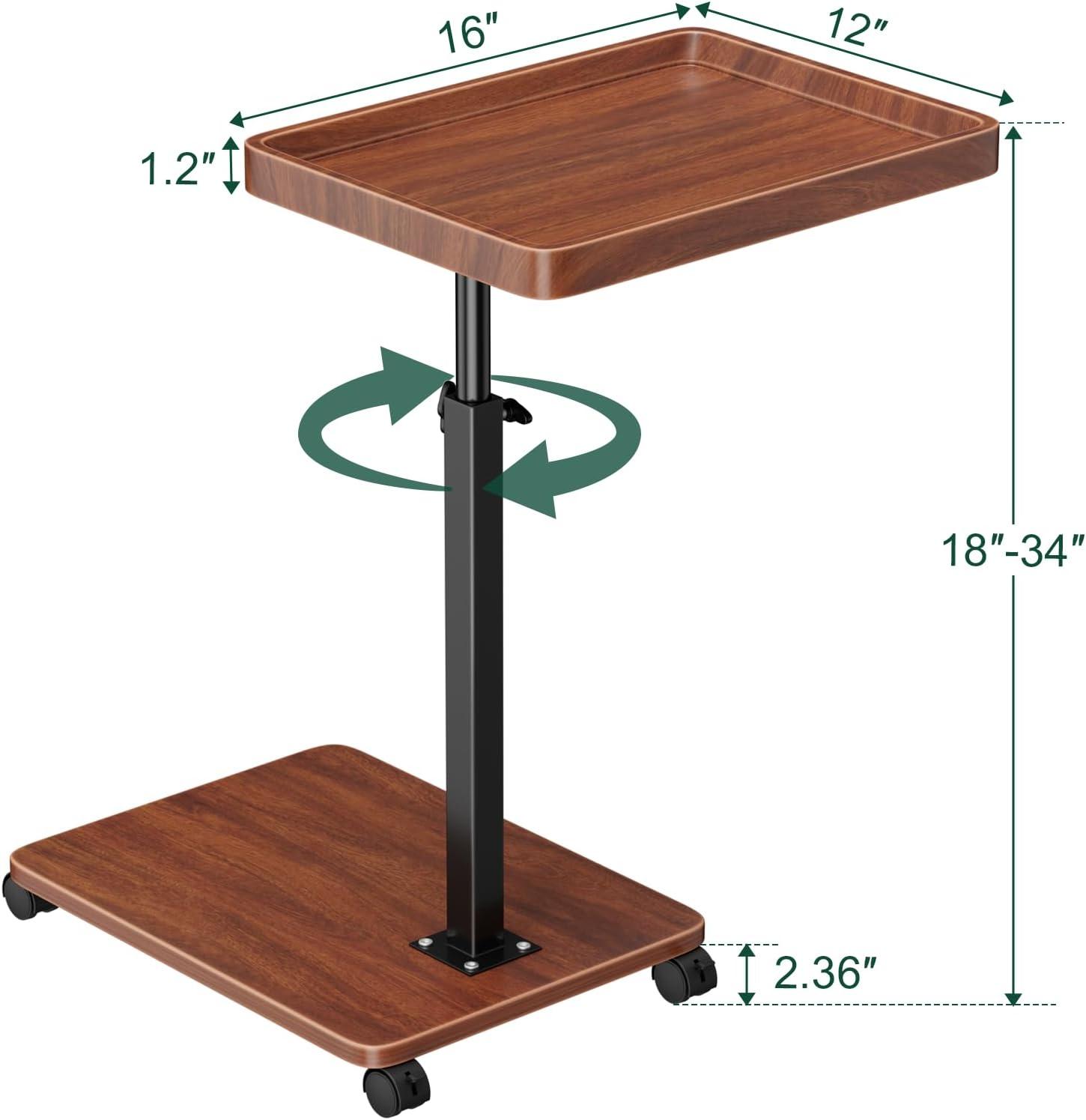 Adjustable Walnut Brown C-Shaped Side Table with Swivel Top