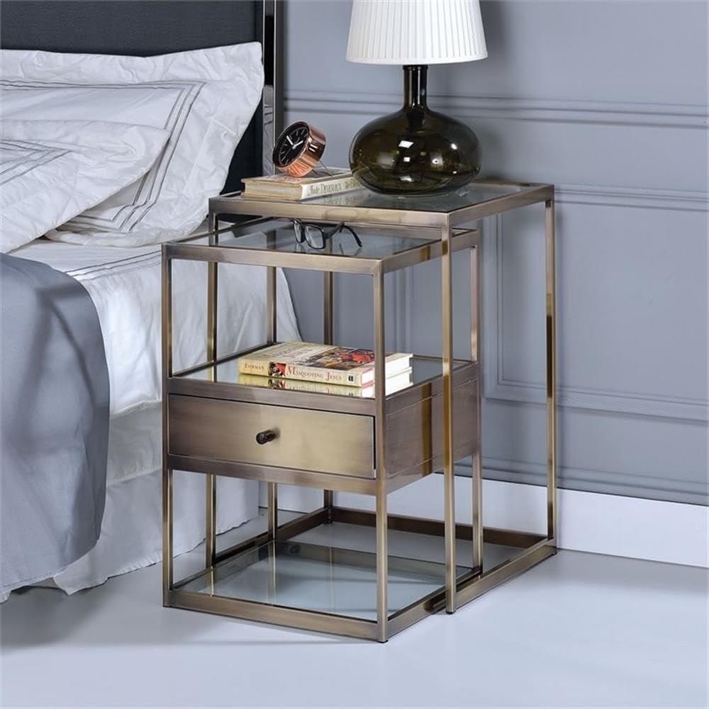 ACME Enca 2 Pieces Nesting Table in Clear Glass and Antique Brass